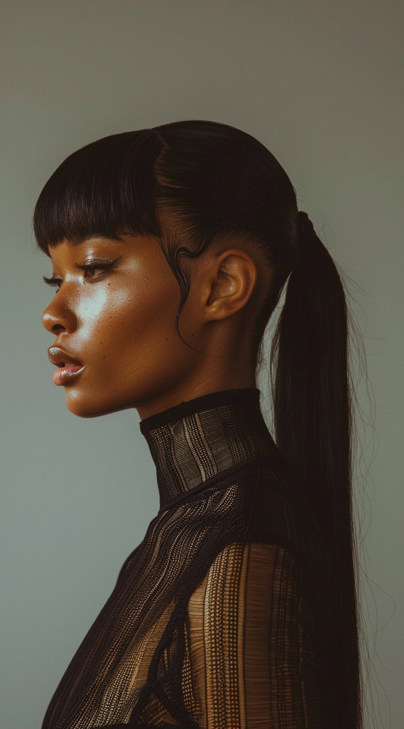 In this photo, a model with a V-shaped undercut hairstyle sports a sleek, long ponytail and blunt bangs.