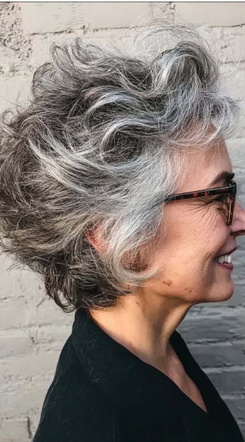 Side profile of a woman with tousled, wavy salt and pepper hair styled into a voluminous short cut.