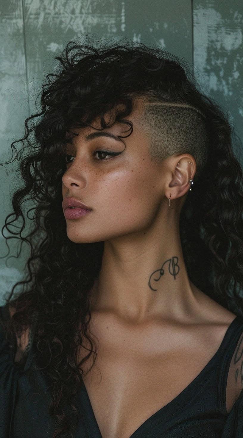 A woman with long curly hair styled asymmetrically with a shaved undercut and bangs.