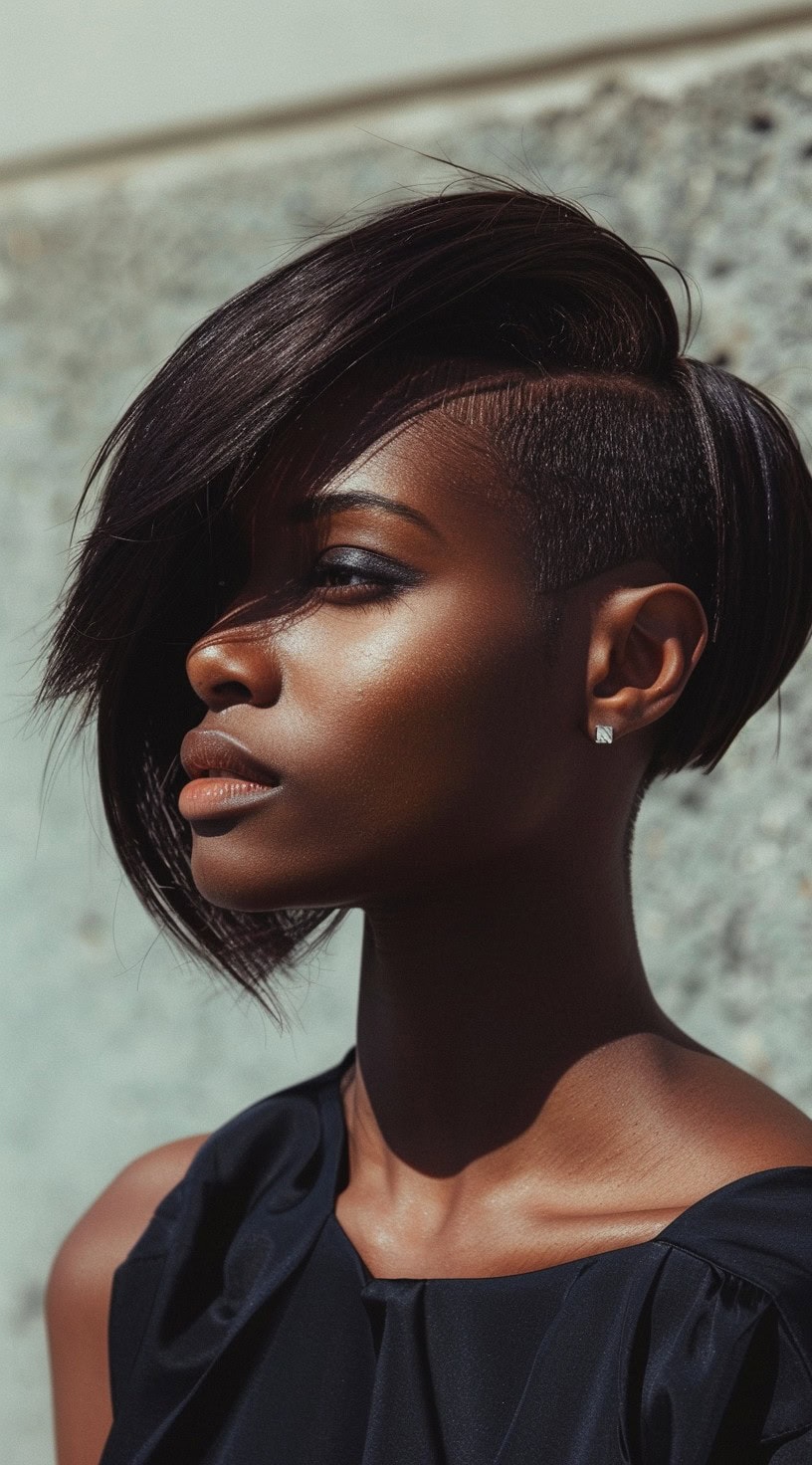 A woman with an asymmetrical bob and one side shaved is depicted, giving a modern twist to a classic cut.