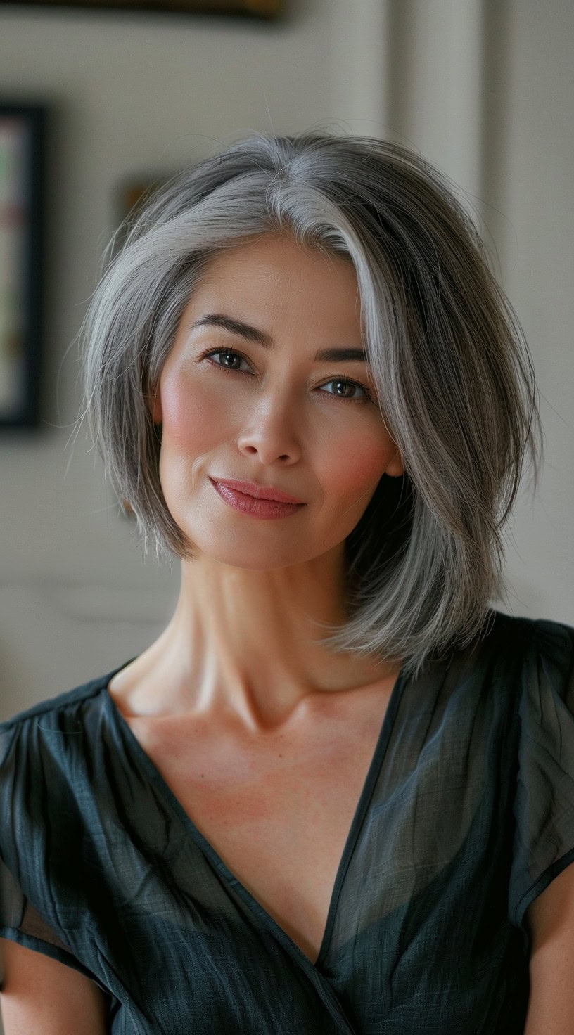 In this photo, a woman with an asymmetrical silver bob smiles gently.