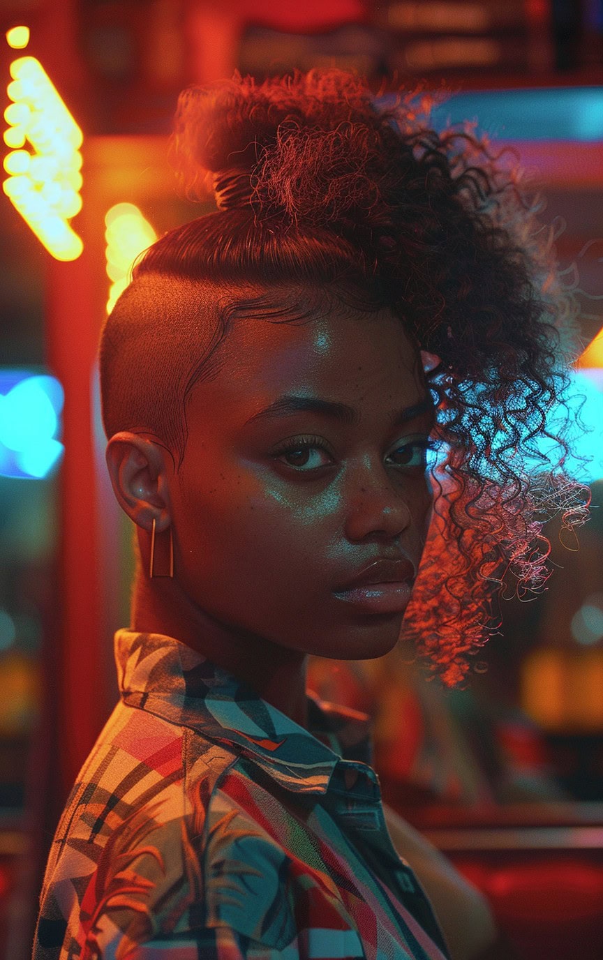 Portrait of a woman with an asymmetrical curly puff and fade, illuminated by neon lights.