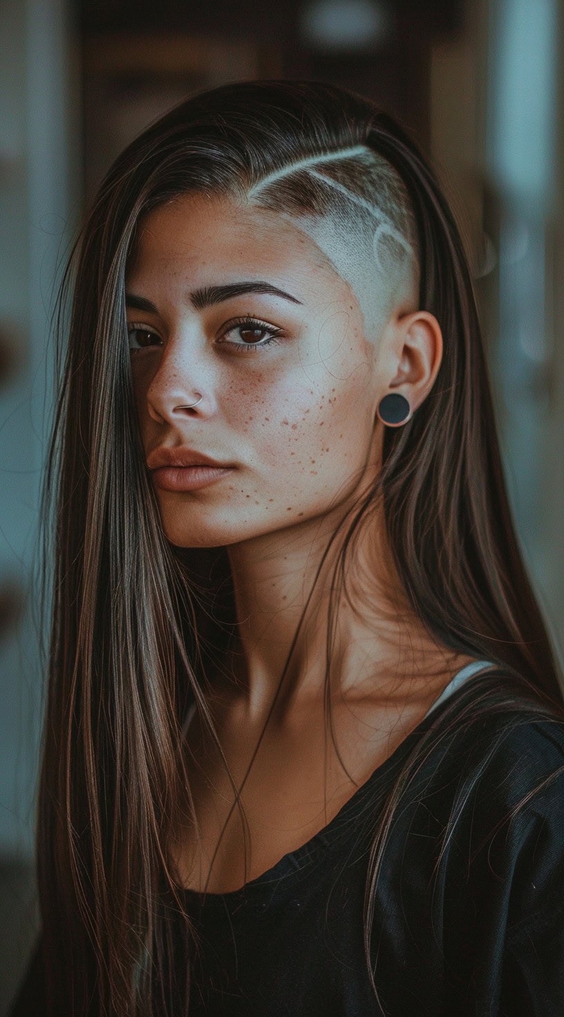 This photo shows a woman with an asymmetrical long straight hair and bangs covering one of her eyes.