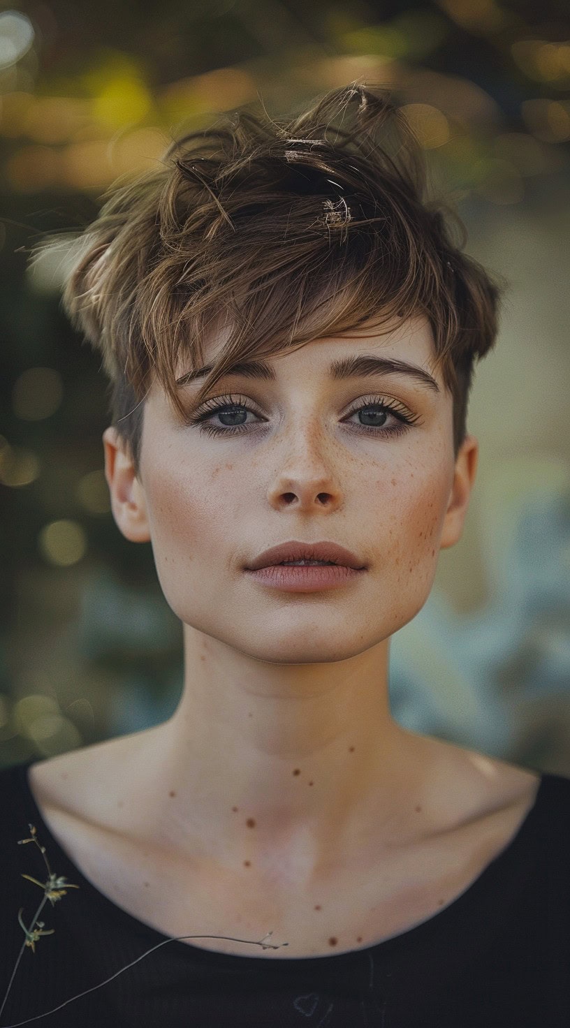 This image shows a woman with an asymmetrical pixie cut that adds volume and texture.