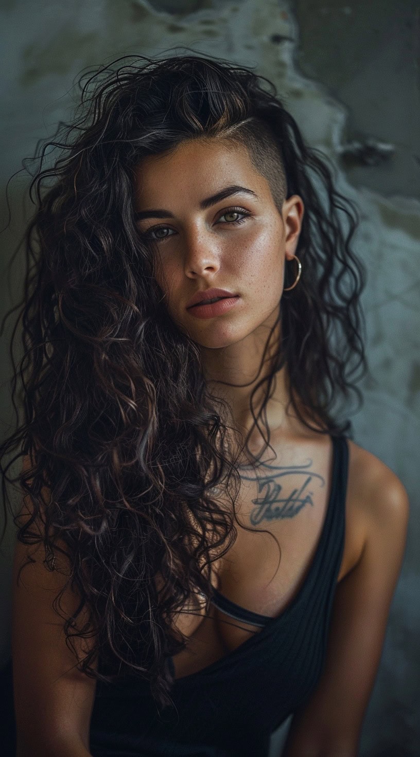 A woman with long curly hair styled in an asymmetrical cut with a shaved undercut.