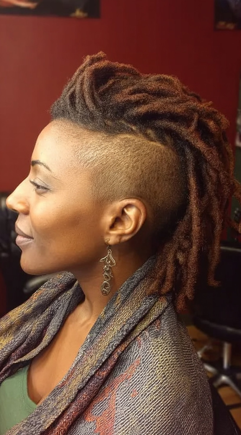 Side view of a woman with auburn-toned locs styled into a mohawk over a clean faded undercut.