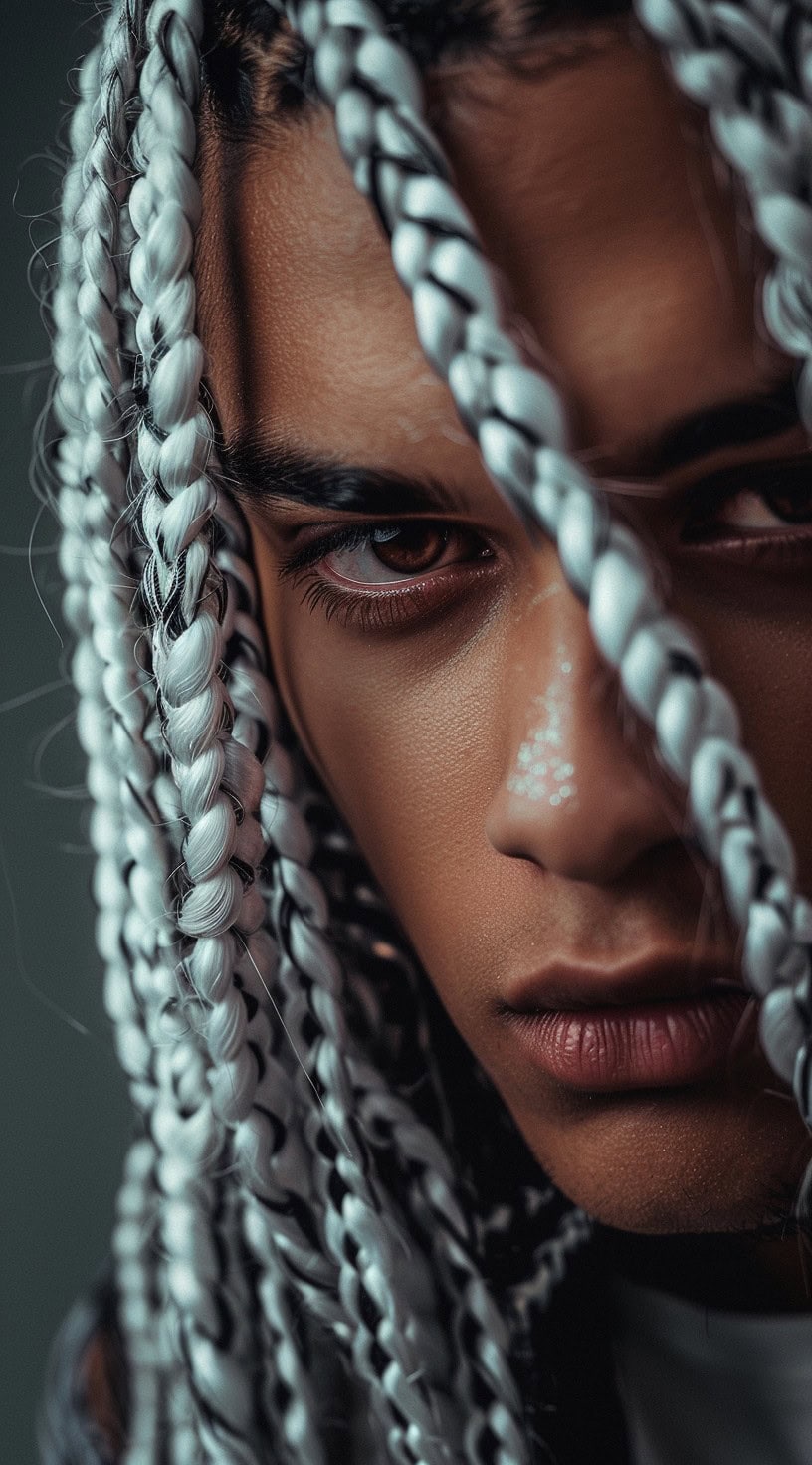 In this photo, a young man with loose black and white braids is looking intensely at the camera.