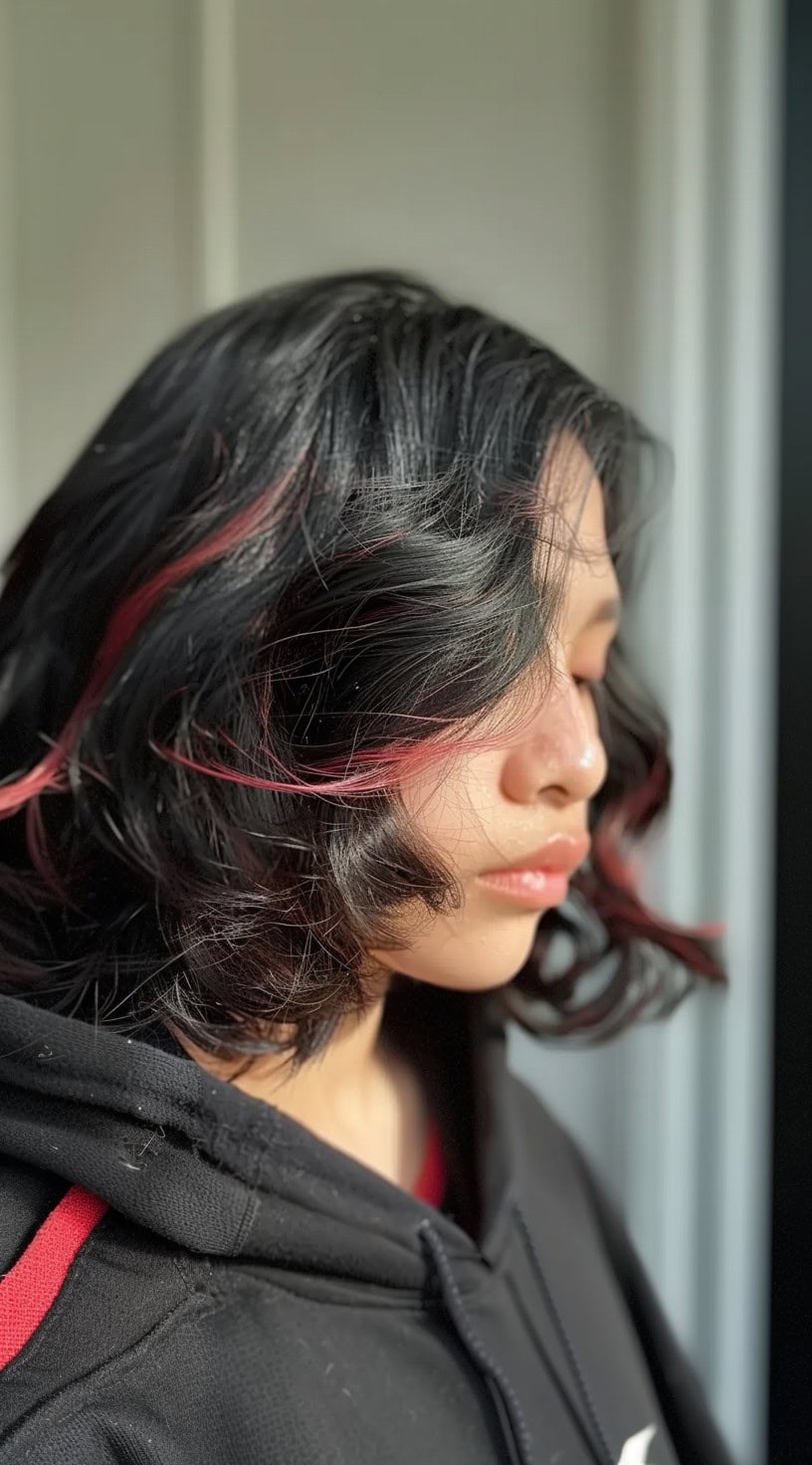 A close-up of a person with a short black bob haircut featuring red highlights underneath, styled in loose waves.