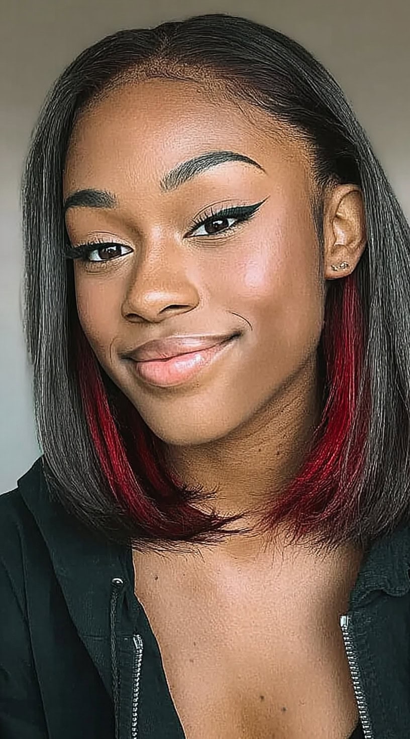 Smiling woman with a blunt shoulder-length bob and deep red peekaboo highlights underneath.