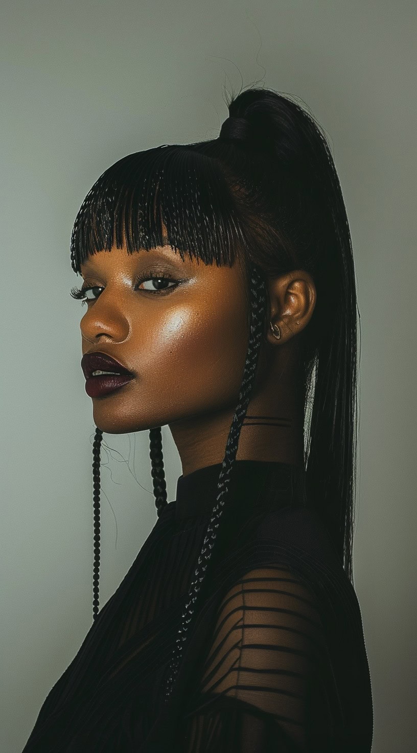 A woman with a high ponytail, blunt bangs, and two long braids framing her face.