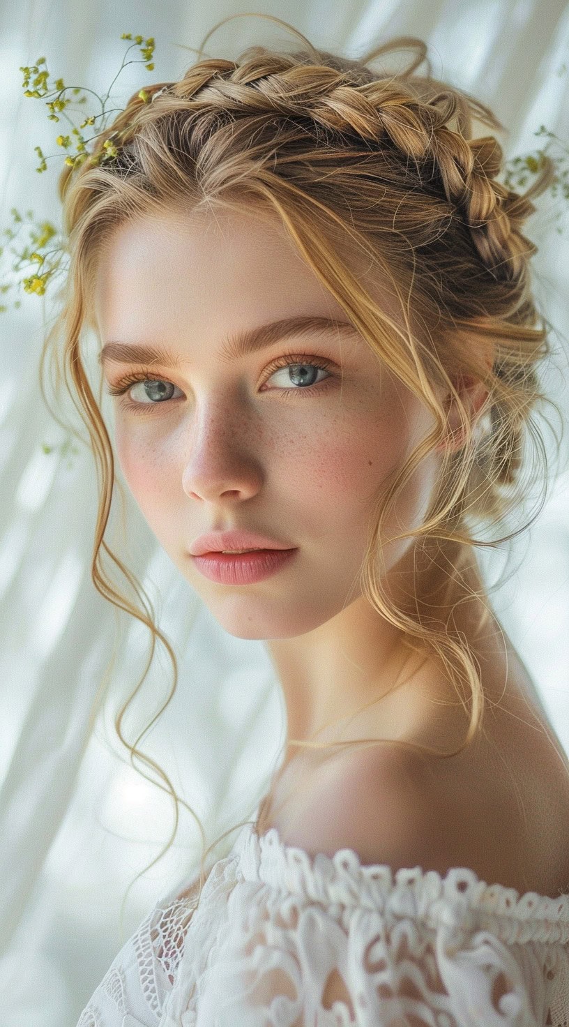 Profile view of a woman with a braided headband and soft waves.