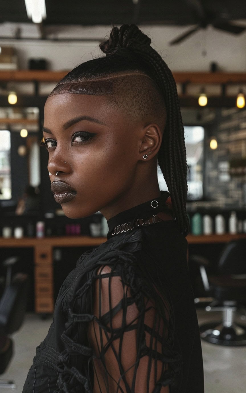 Profile of a woman with a braided high ponytail and shaved sides, wearing a black outfit.