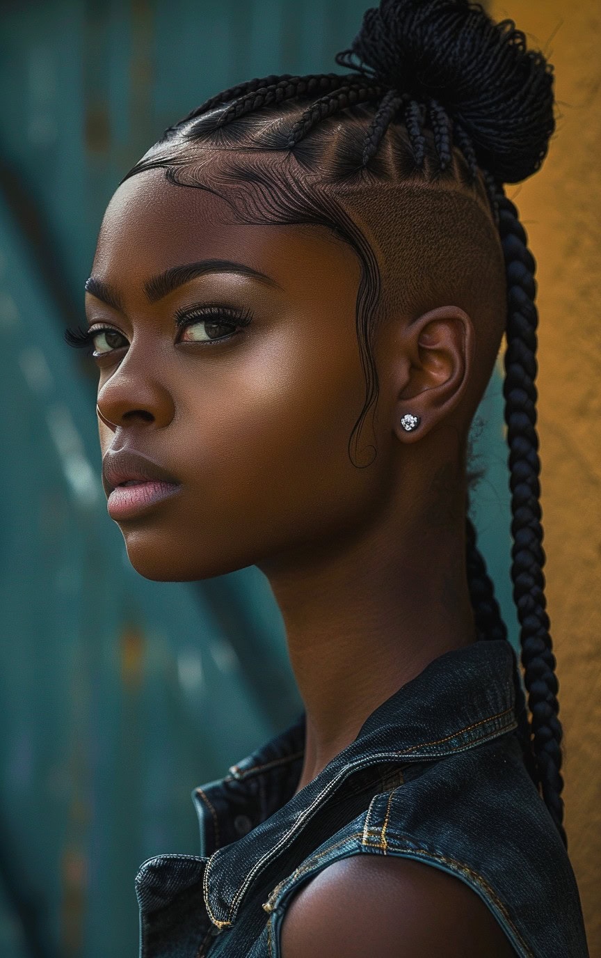 Side profile of a woman with a braided high ponytail and sleek shaved sides, wearing a denim vest.