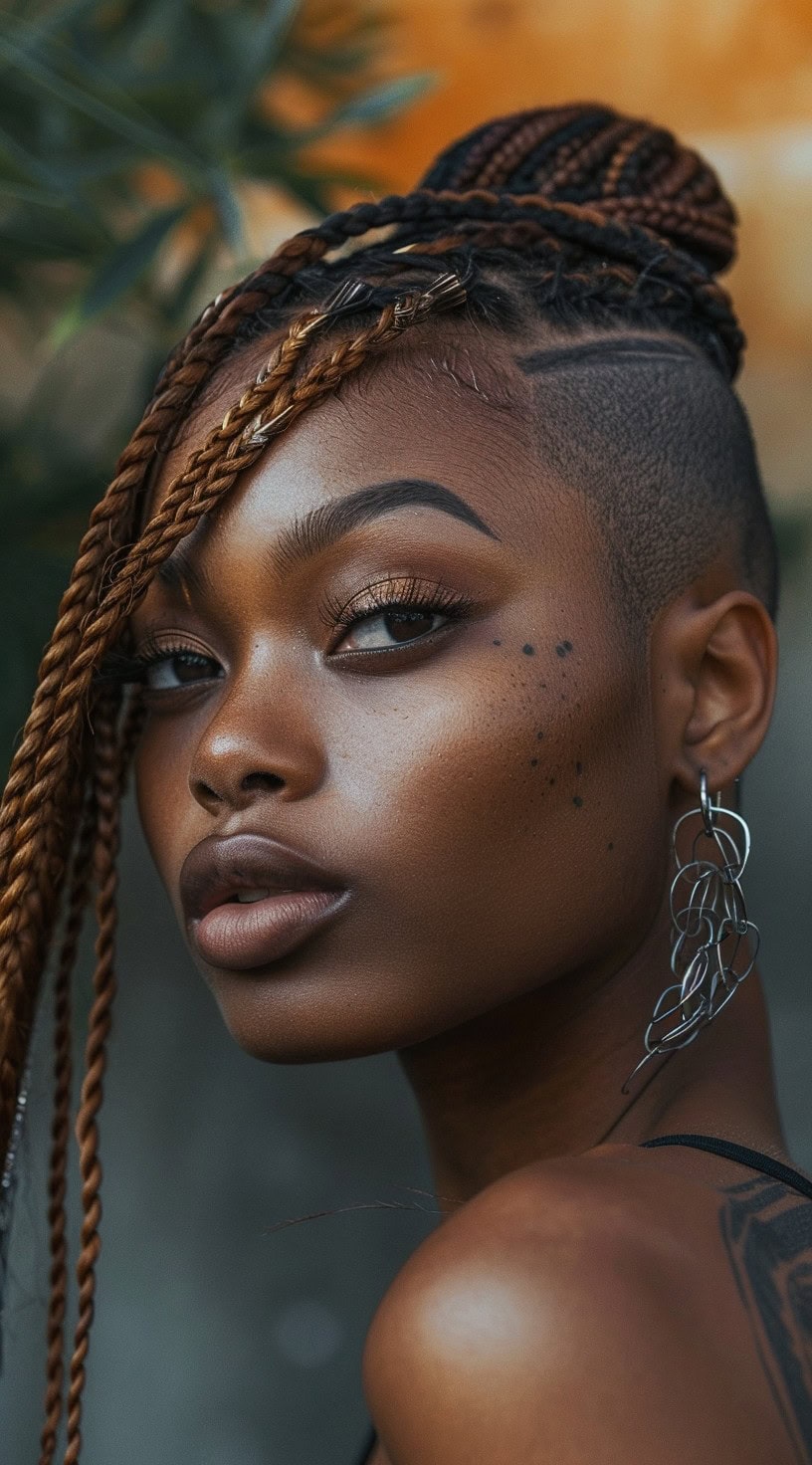 A woman with a braided mohawk hairstyle and one side shaved is featured in the photo, showing detailed braid patterns.