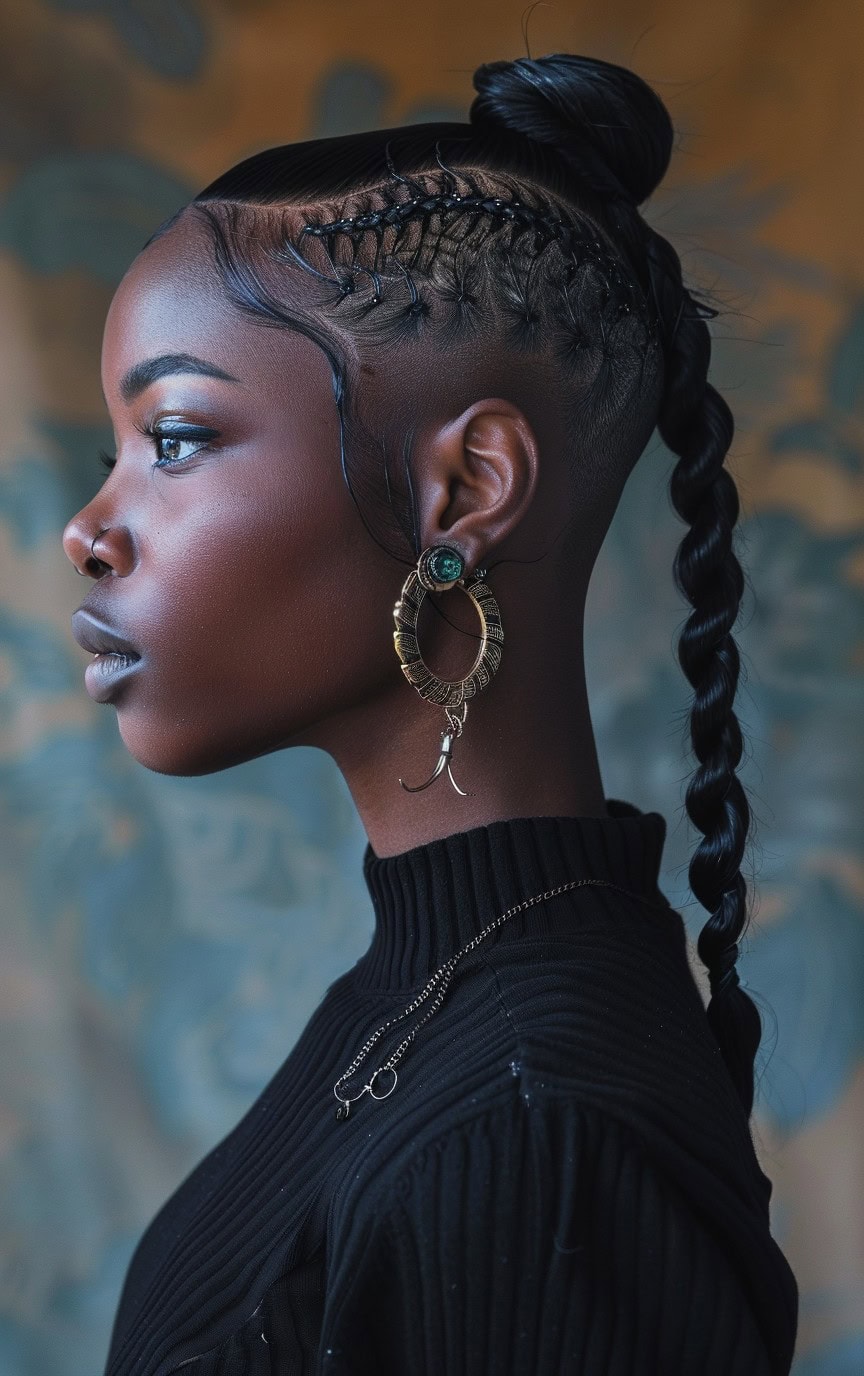 Profile of a woman with a braided ponytail and decorative cornrows, wearing statement earrings.