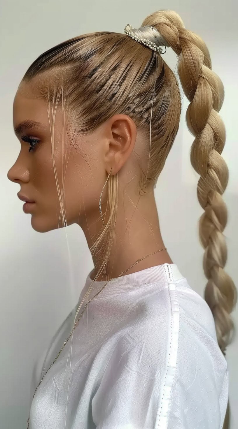 A woman with a high, sleek braided ponytail, featuring a wrap-around hair tie detail.