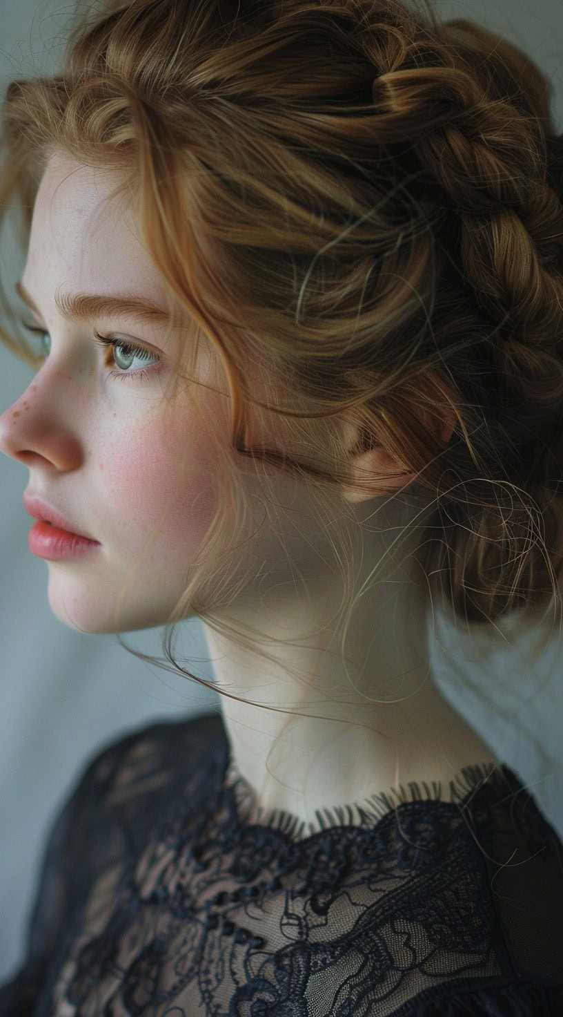 A blonde woman with a braided updo hairstyle, featuring a mix of thick and thin braids gathered at the nape.