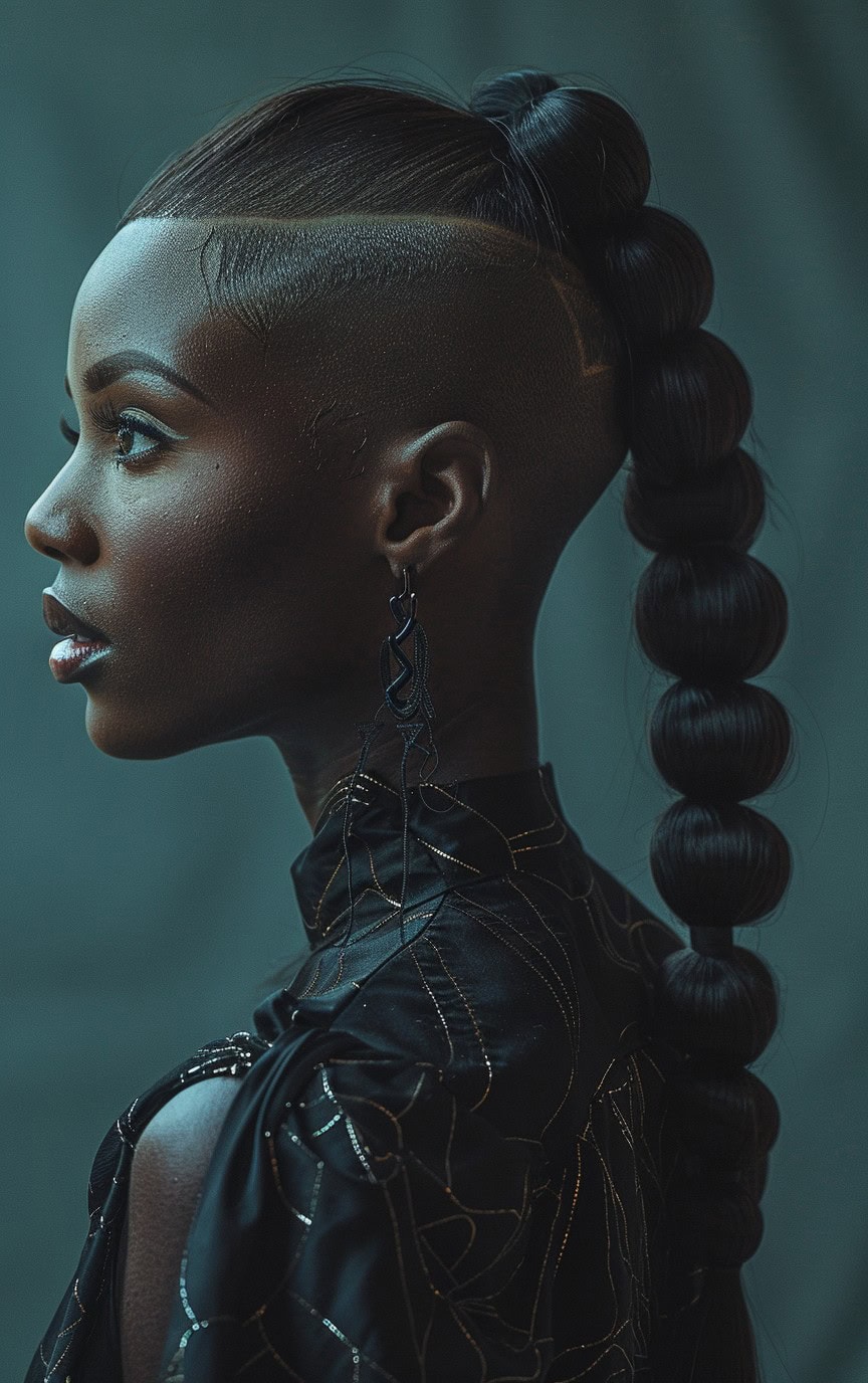 Profile of a woman with a bubble ponytail and geometric undercut, wearing statement earrings.