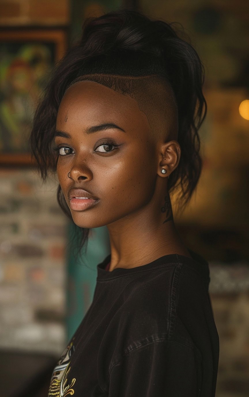 Side profile of a woman with a casual high ponytail and shaved sides, wearing a casual outfit.