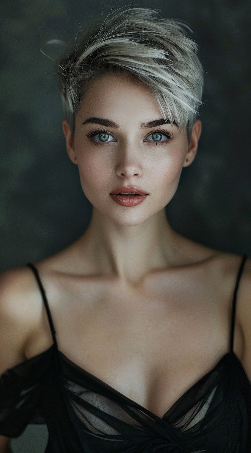 Close-up of a woman with a chic, short pixie cut with side-swept bangs.