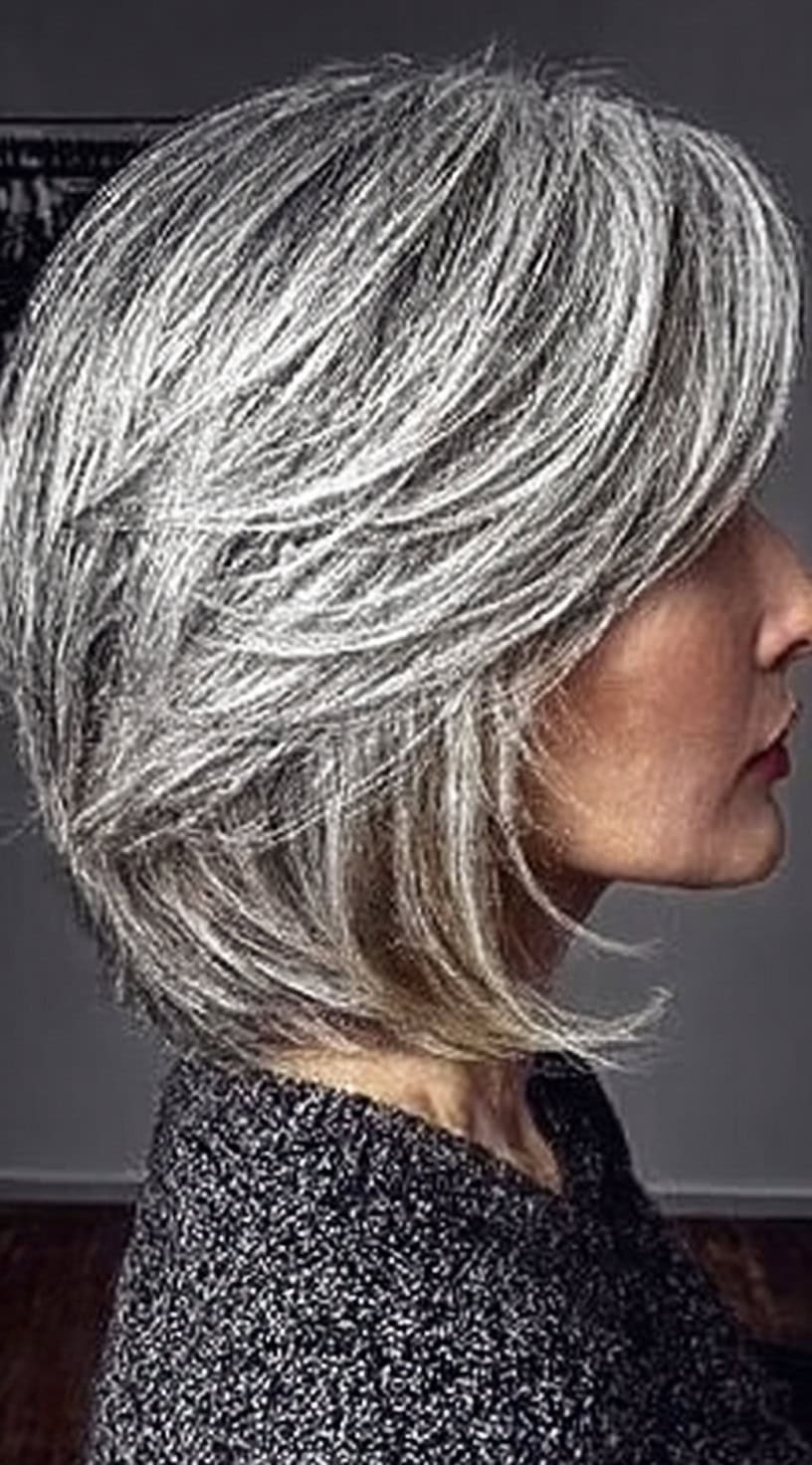 Side profile of a chin-length bob with layers and blended salt and pepper tones.