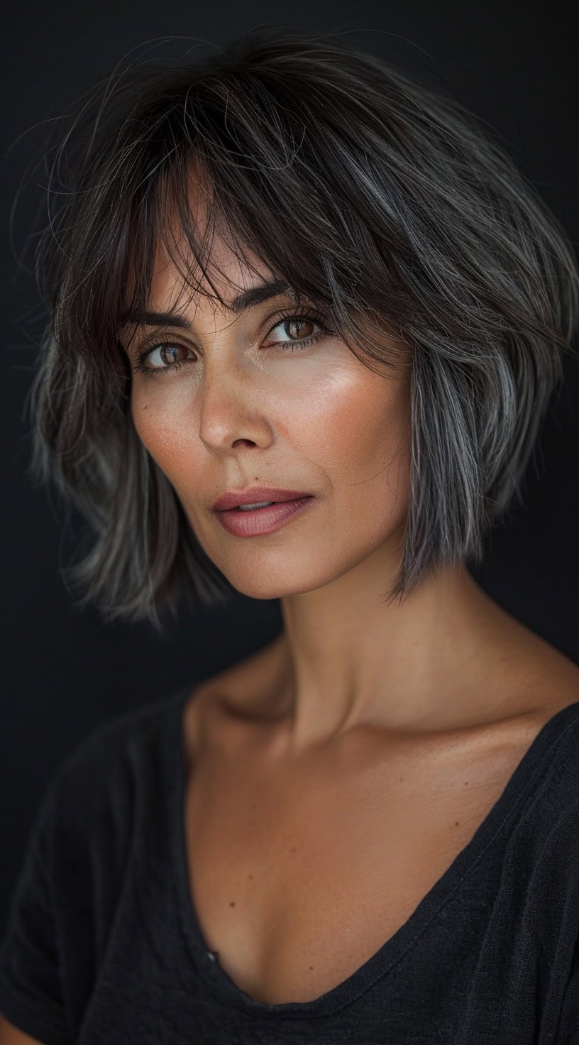 In this photo, a woman with a choppy silver bob and bangs poses confidently.