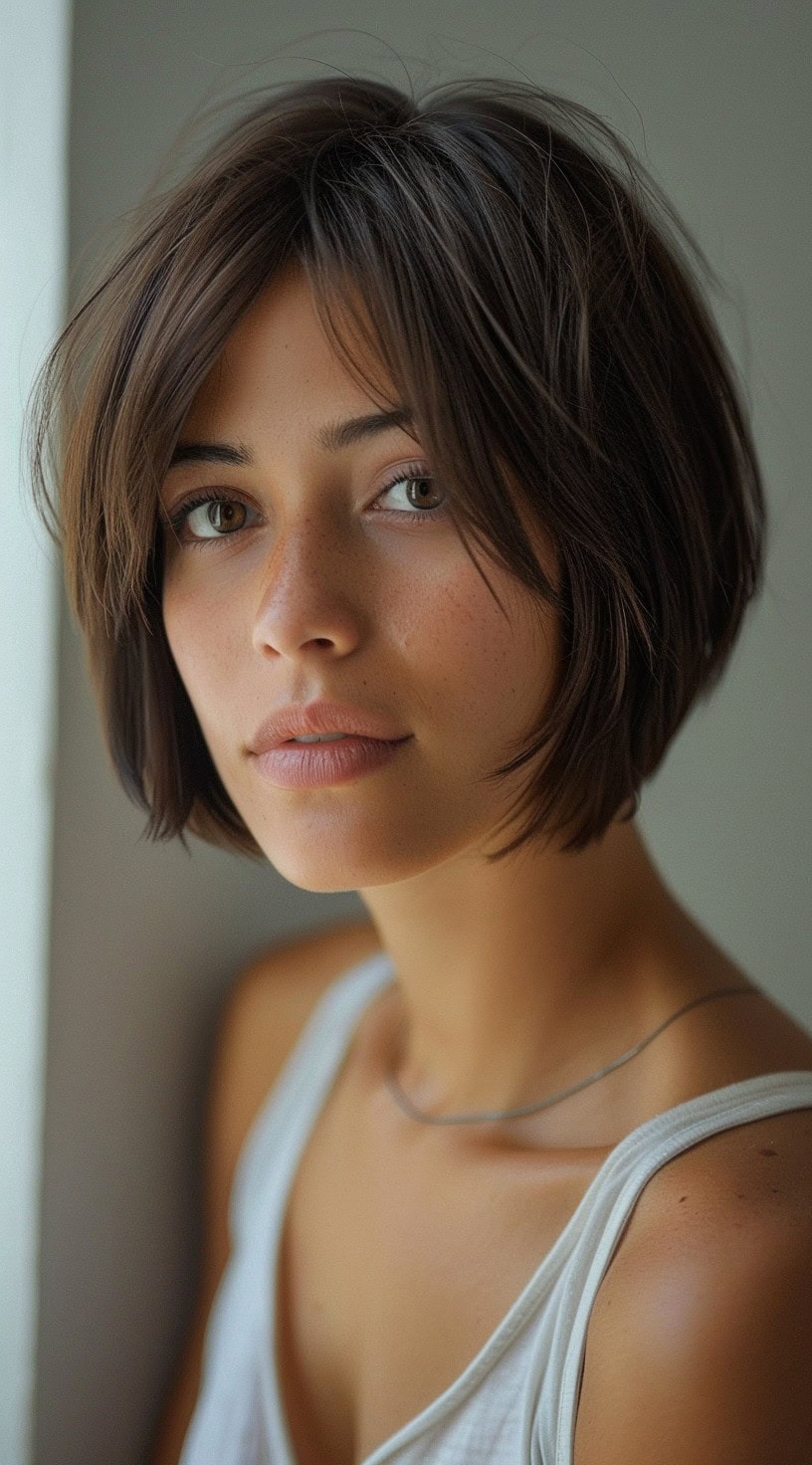 This image shows a woman with a classic bob hairstyle featuring soft layers for added texture.