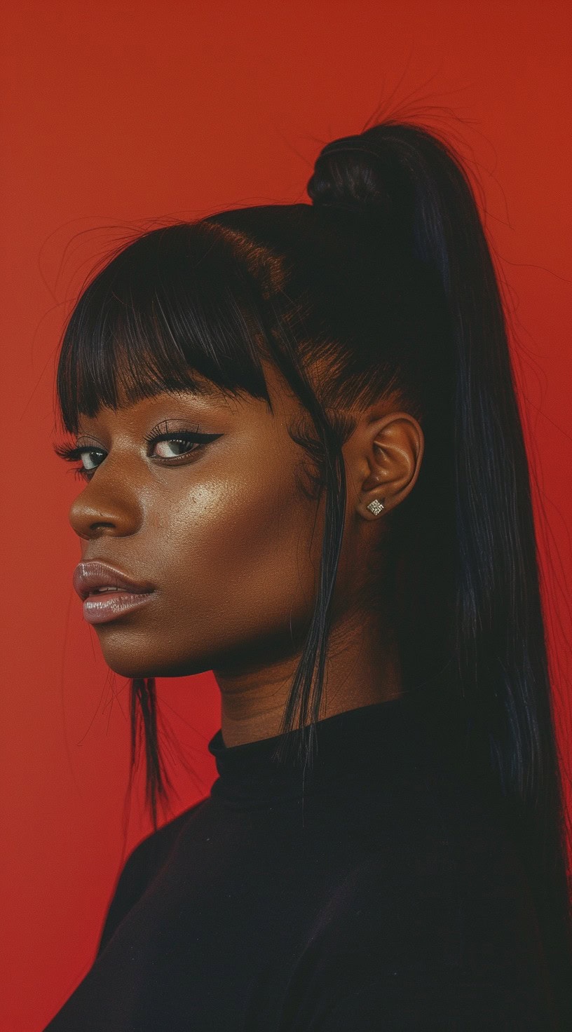 A woman with a high ponytail, straight bangs, and loose tendrils framing her face.