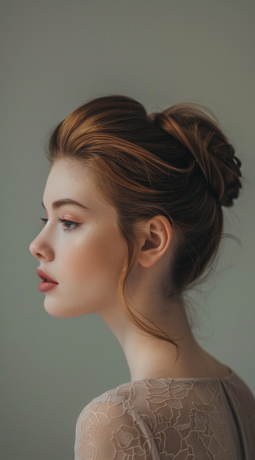 Side profile of a woman with a classic updo, featuring soft curls and pinned sections.