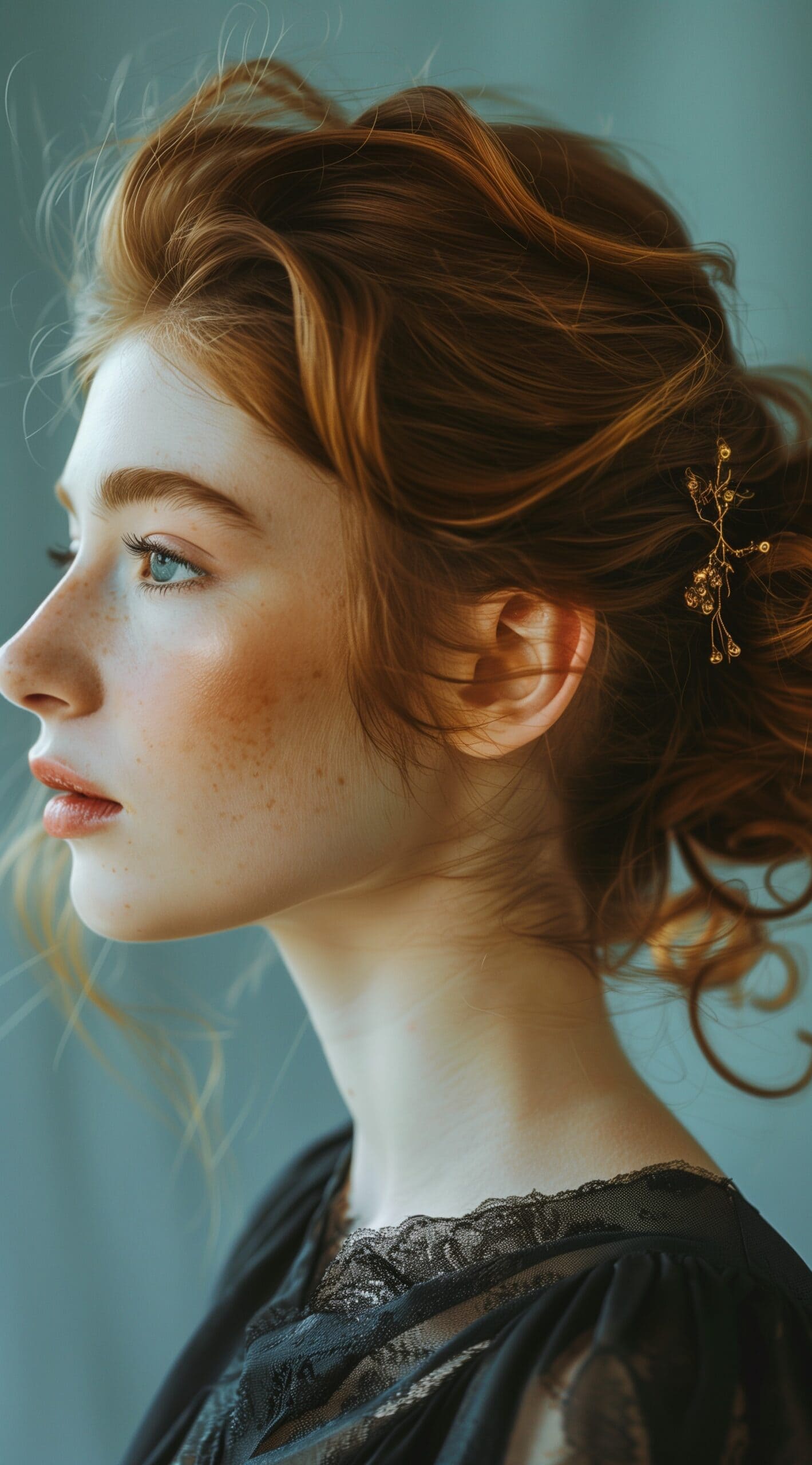 Side profile of a woman with a claw clip updo in a sleek, elegant style.