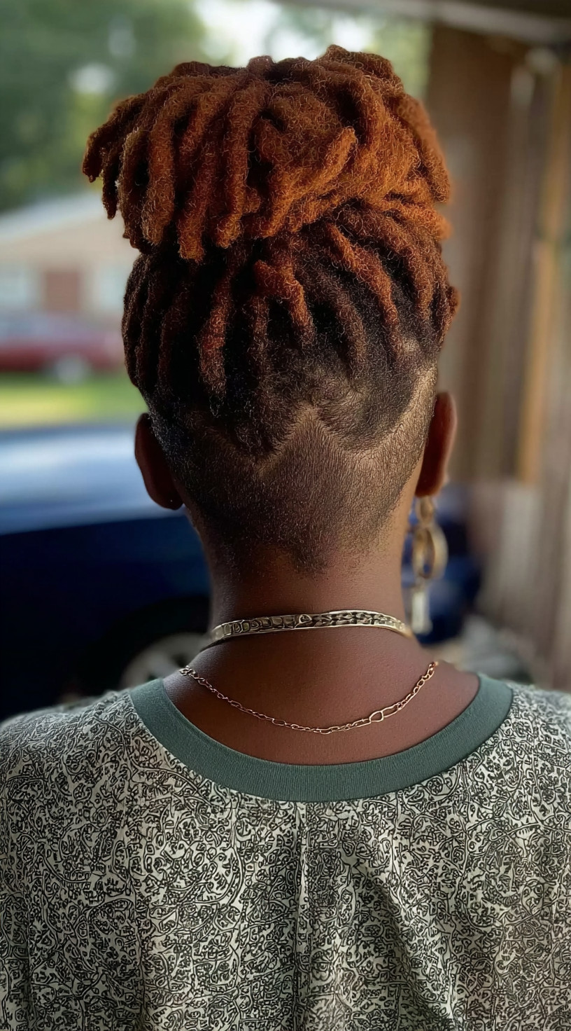 Rear view of copper-colored locs styled into a high bun with a precise W-shaped undercut design.