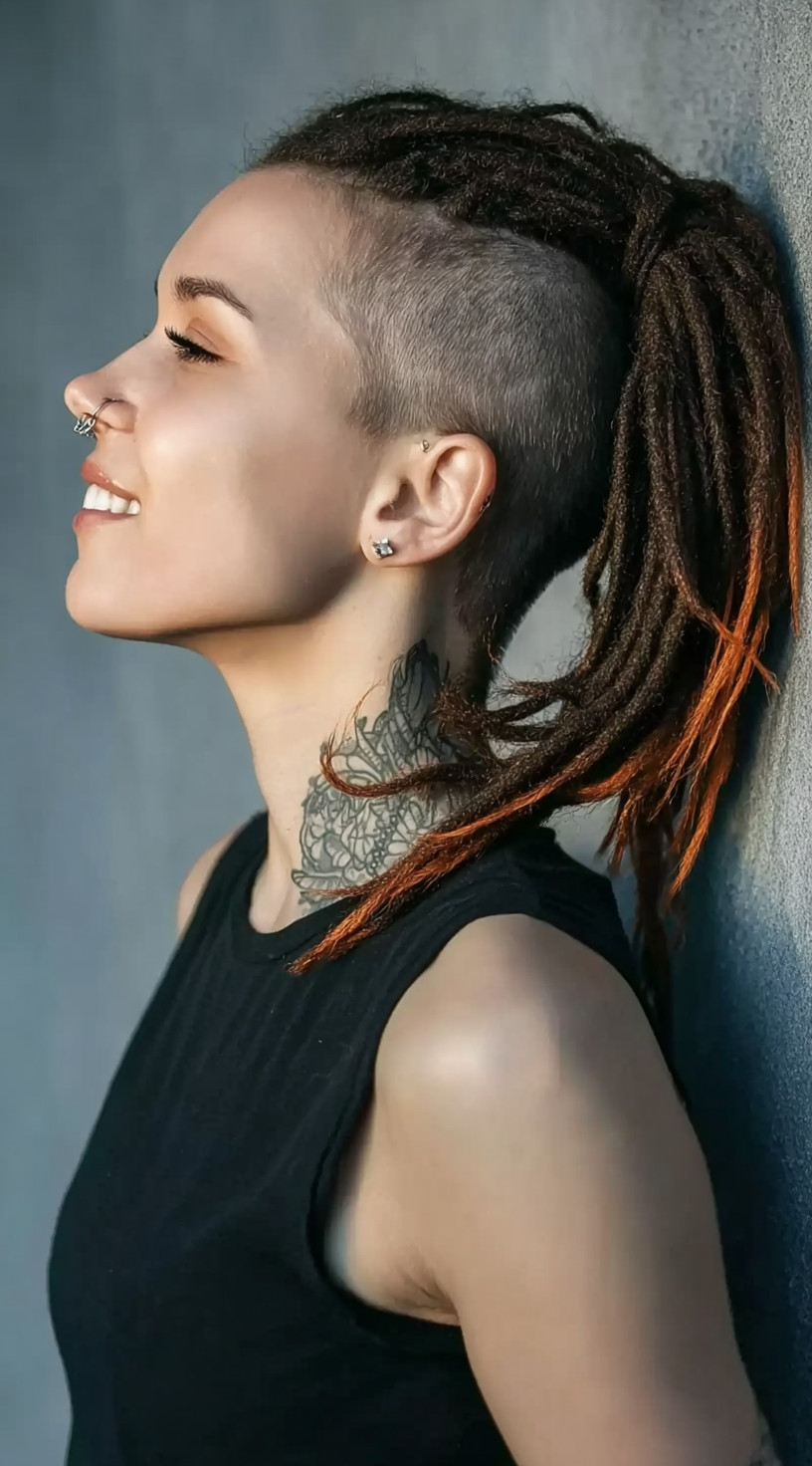 Profile view of a woman with a copper-tipped loc ponytail and completely shaved sides.