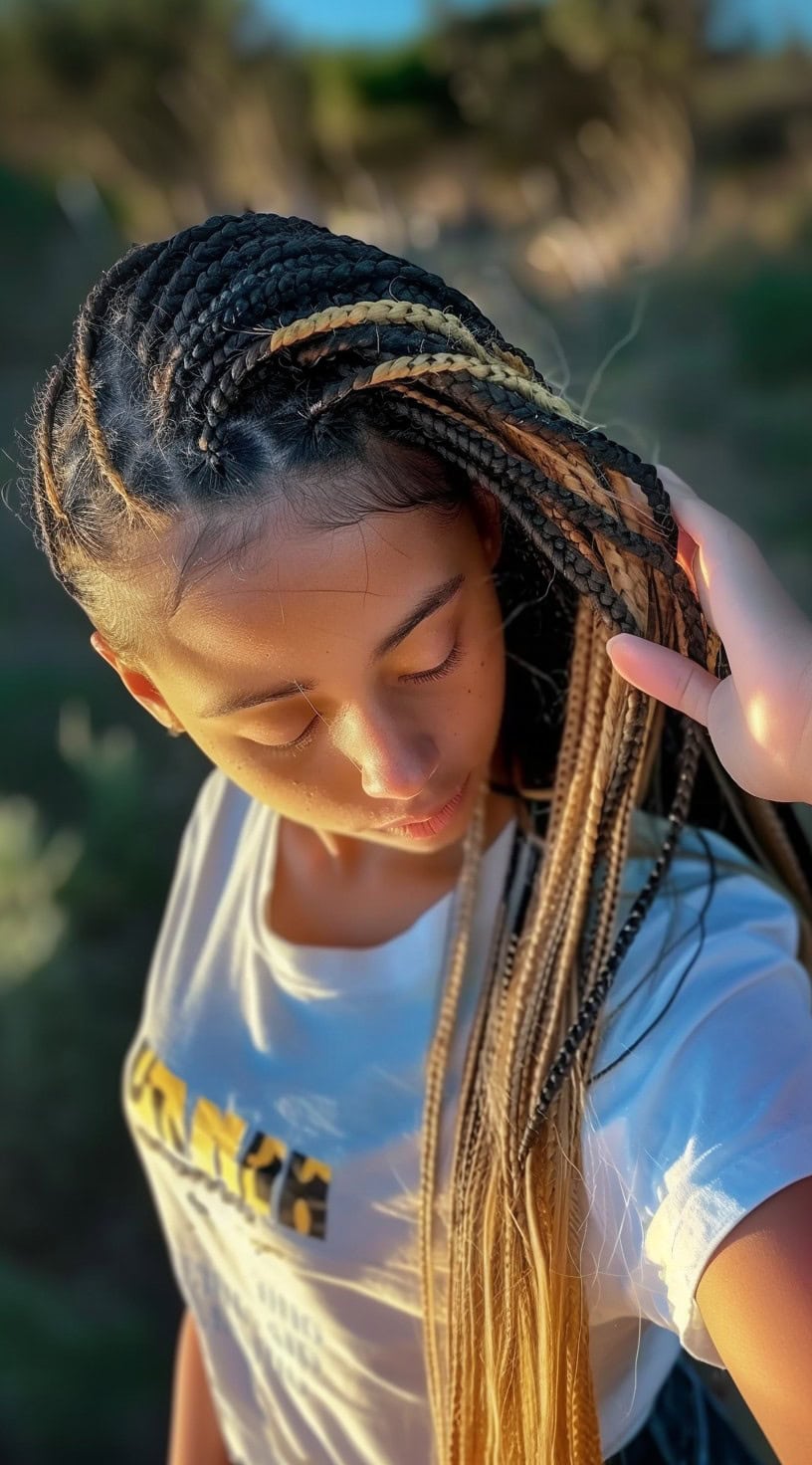 In this photo, a young girl with cornrow braids features subtle blonde highlights.