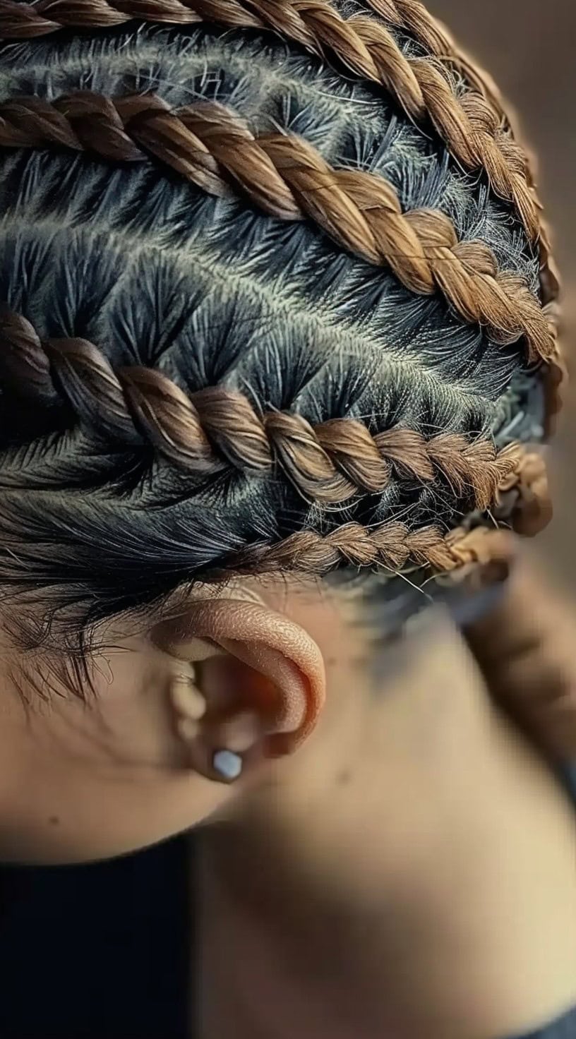 Close-up of cornrows with brown accents woven into the braids, seen from the side near the ear.