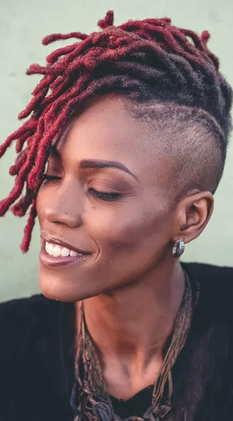 Close-up side view of a woman with crimson-colored locs swept to the side, paired with a clean shaved undercut.