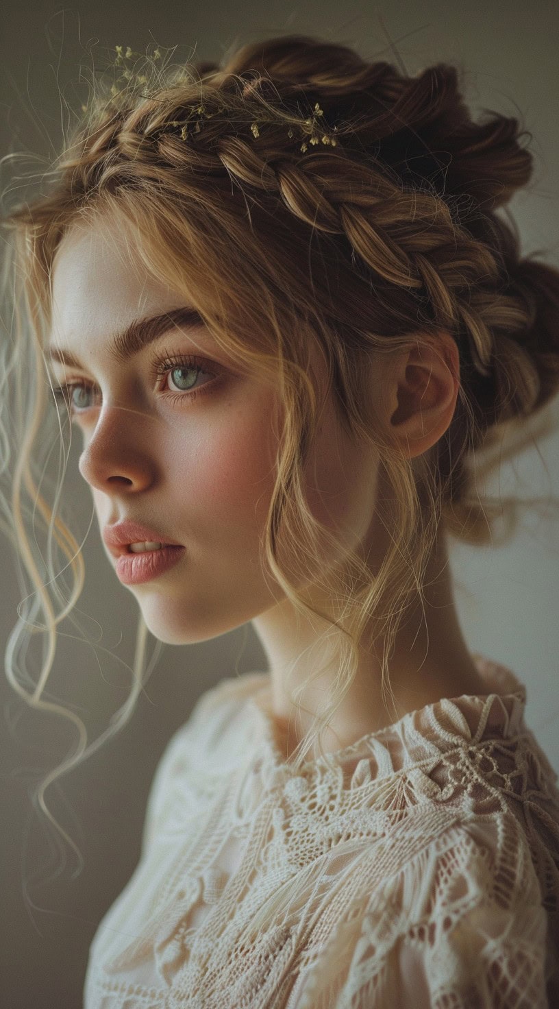 A young woman with a soft, romantic crown braid adorned with small flowers.