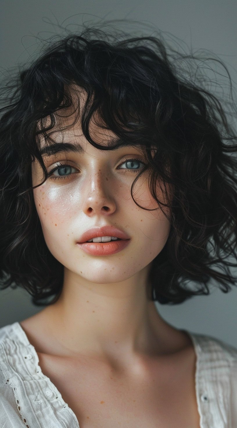 This image shows a woman with a curly bob hairstyle featuring defined curls.