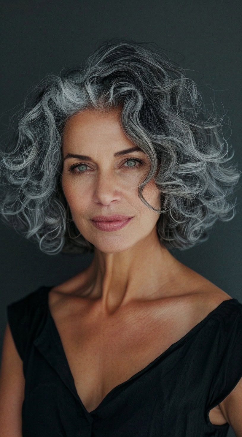 In this photo, a woman with a curly silver bob smiles warmly.