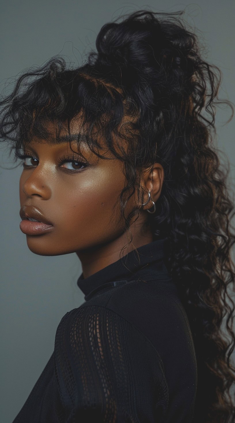 A woman with a curly half-up half-down ponytail and curly bangs.