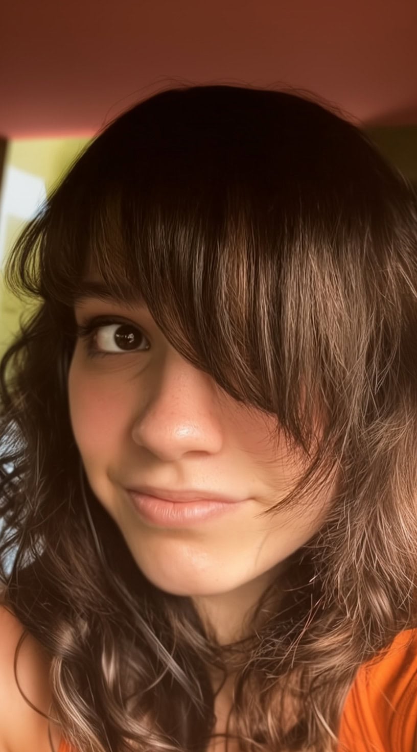 Young woman with curly layered hair and long side-swept bangs covering one eye.