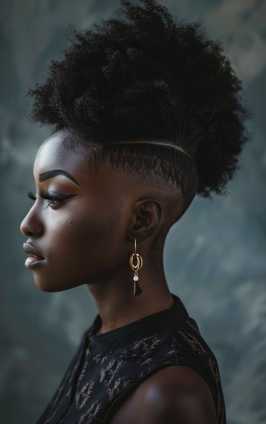 Profile of a woman with a curly mohawk and shaved sides, highlighted by soft lighting.