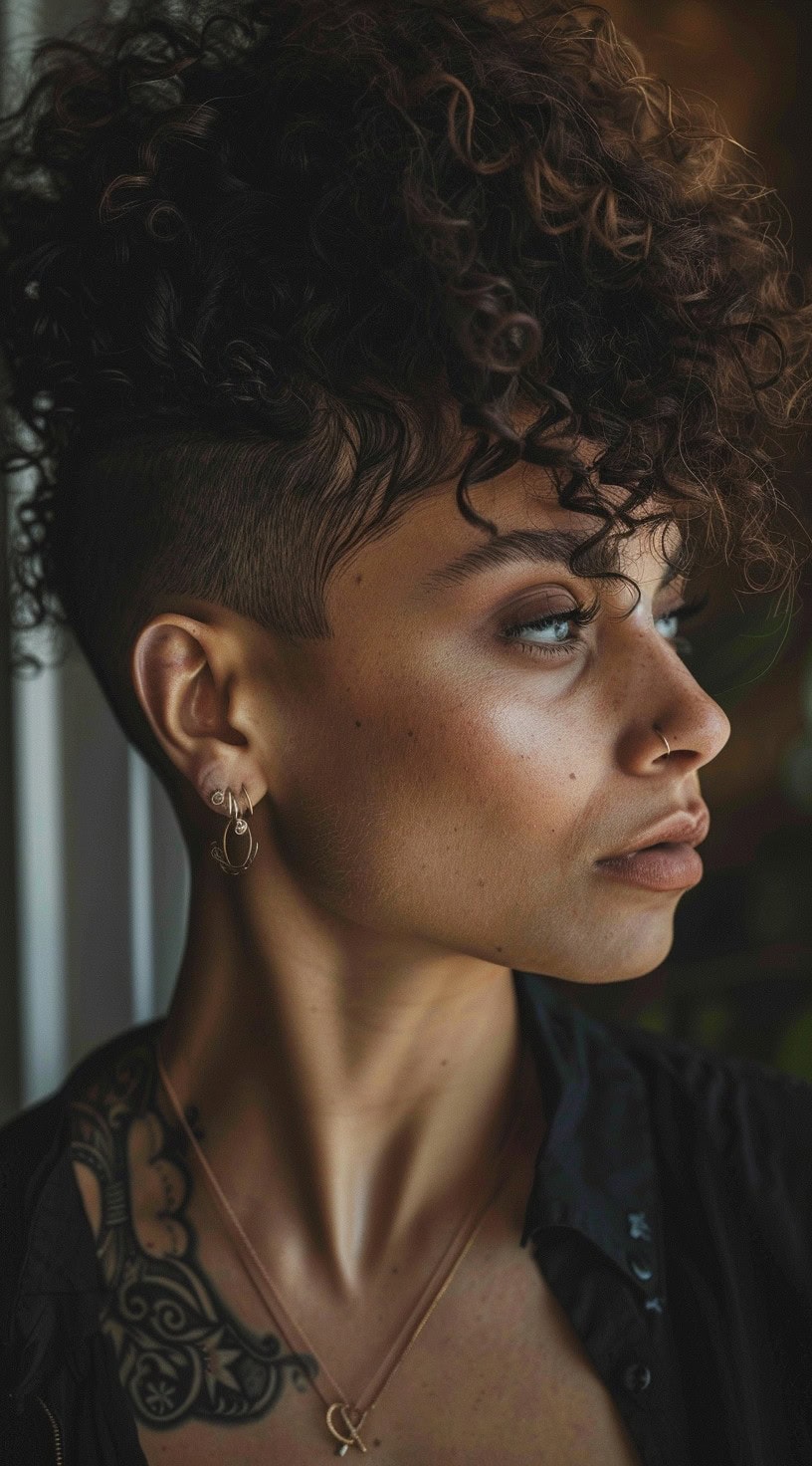 A woman with a curly mohawk and a shaved undercut.