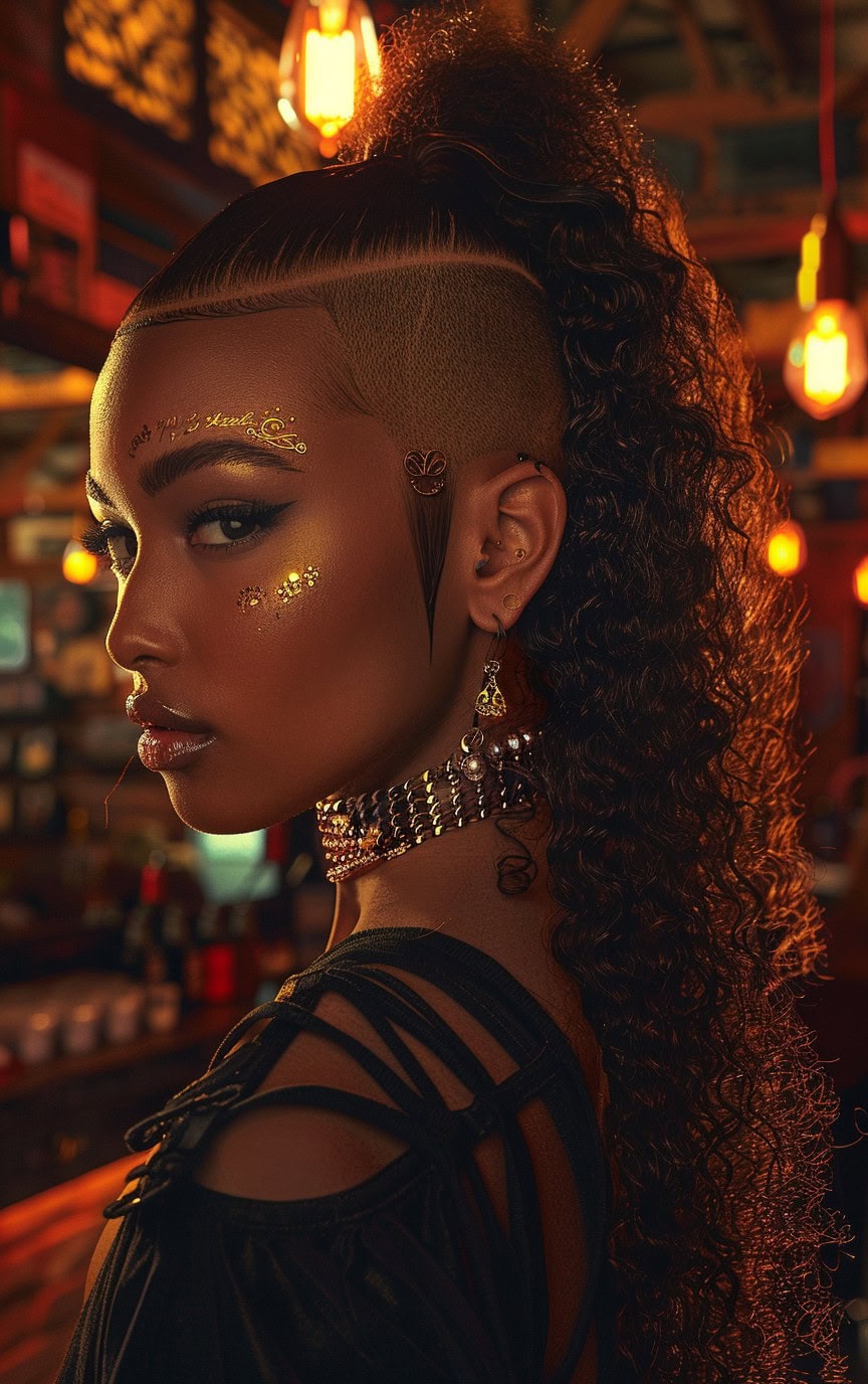 Side view of a woman with a curly ponytail and intricate shaving patterns, adorned with gold makeup.