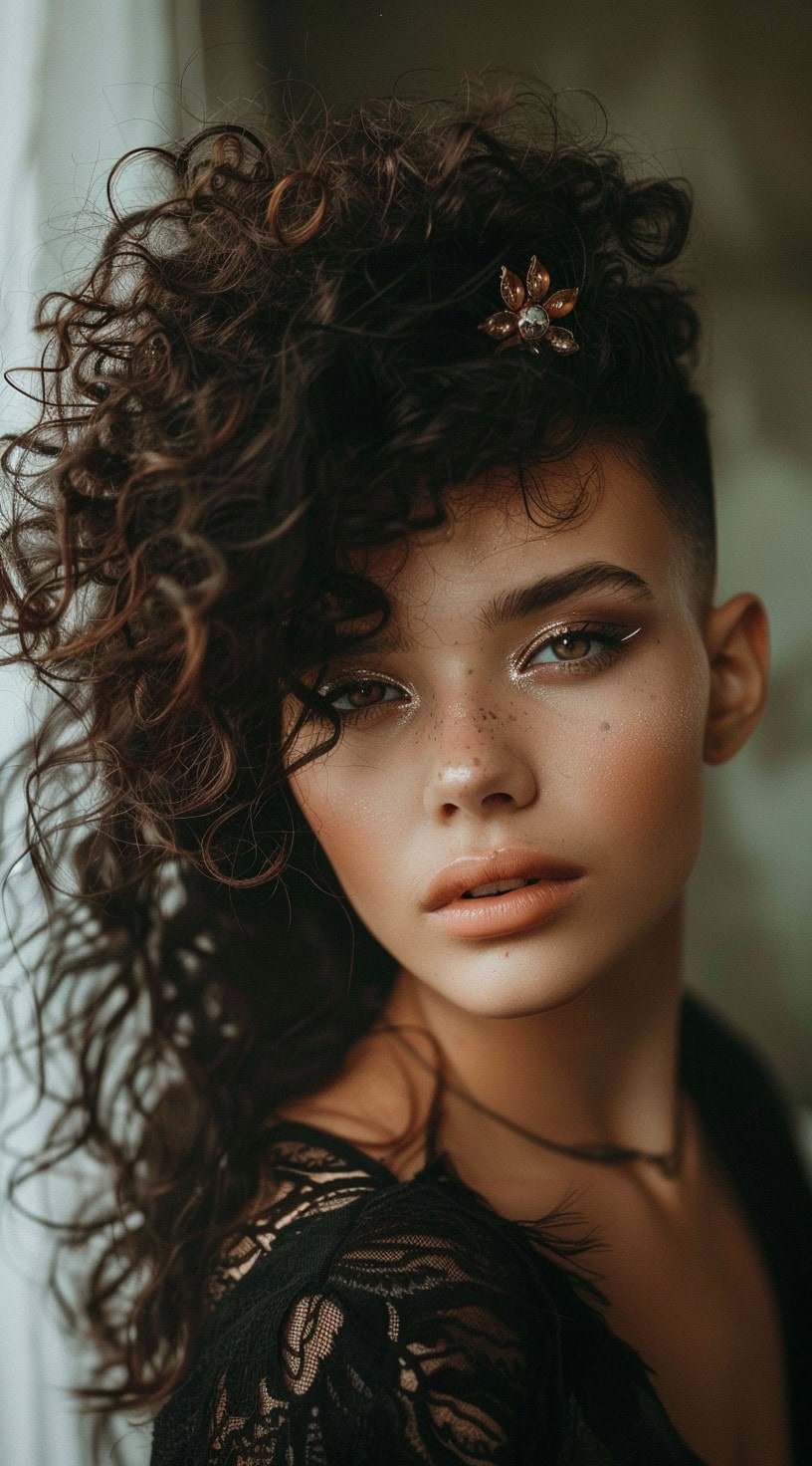 A woman with long curly hair styled to the side, adorned with a decorative hair accessory, and a shaved undercut.