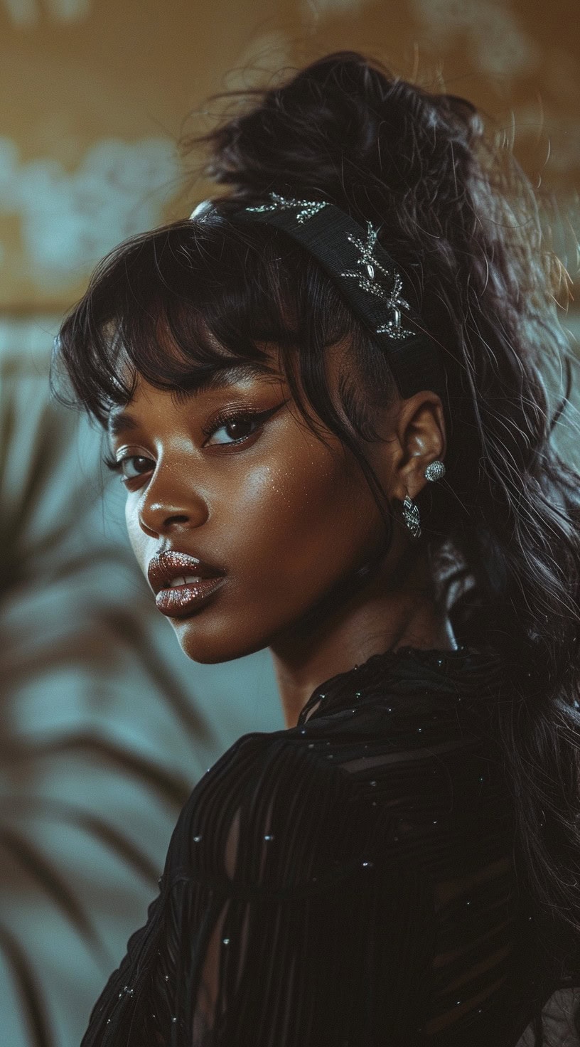 A woman with a wavy ponytail, curved bangs, and a decorative headband.