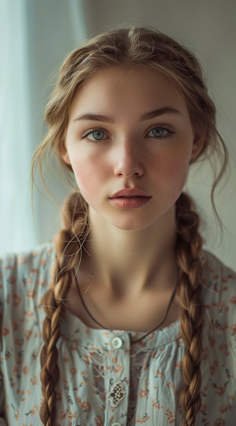 Front view of a woman with double low braids and a serene expression.