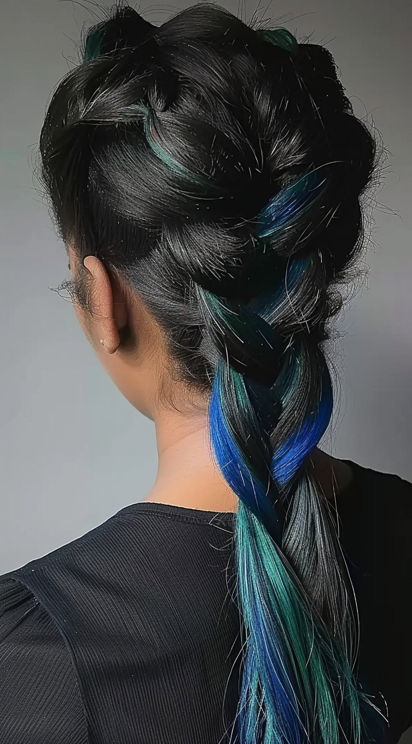 In this photo, a woman with a Dutch braid features blue and green highlights.