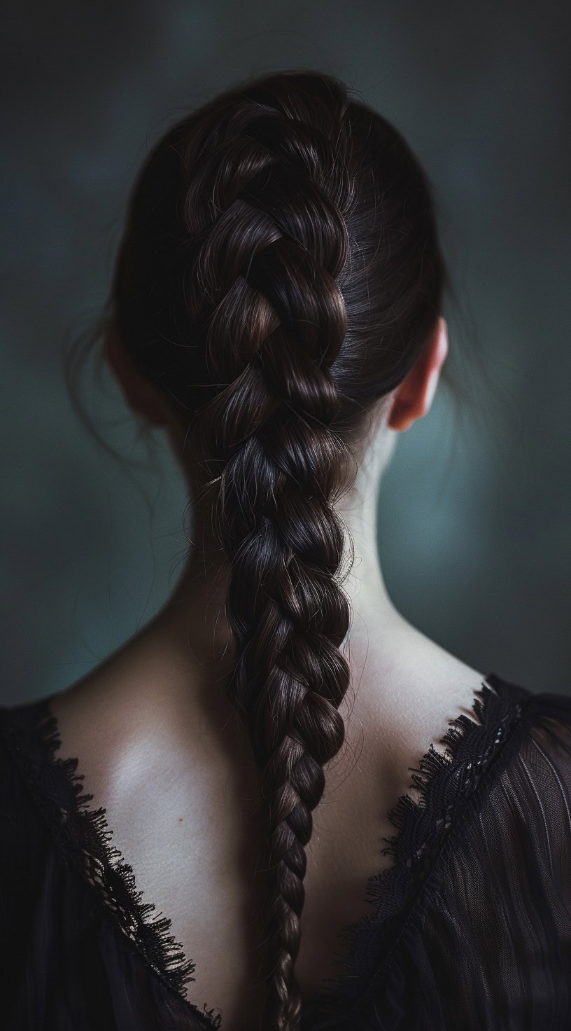 A woman with dark brown hair styled into a single, thick Dutch braid down her back.