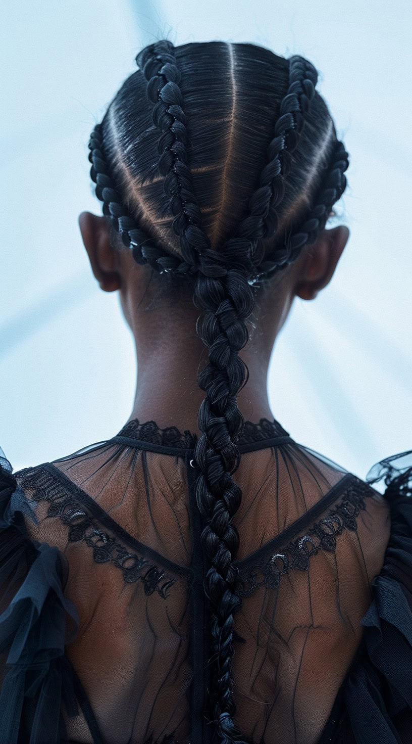 Dutch braids with a central plait shown from the back on a person wearing a black lace dress.