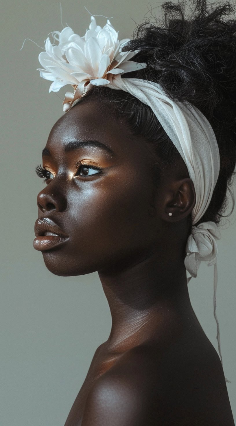 Profile view of a woman with a floral headband and sleek hairstyle.